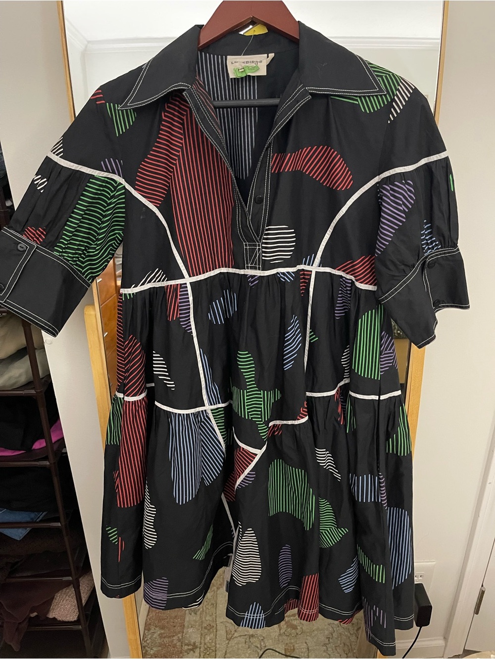 LOVEBIRDS Black Geometric Shirt Dress, Small, 100% cotton.